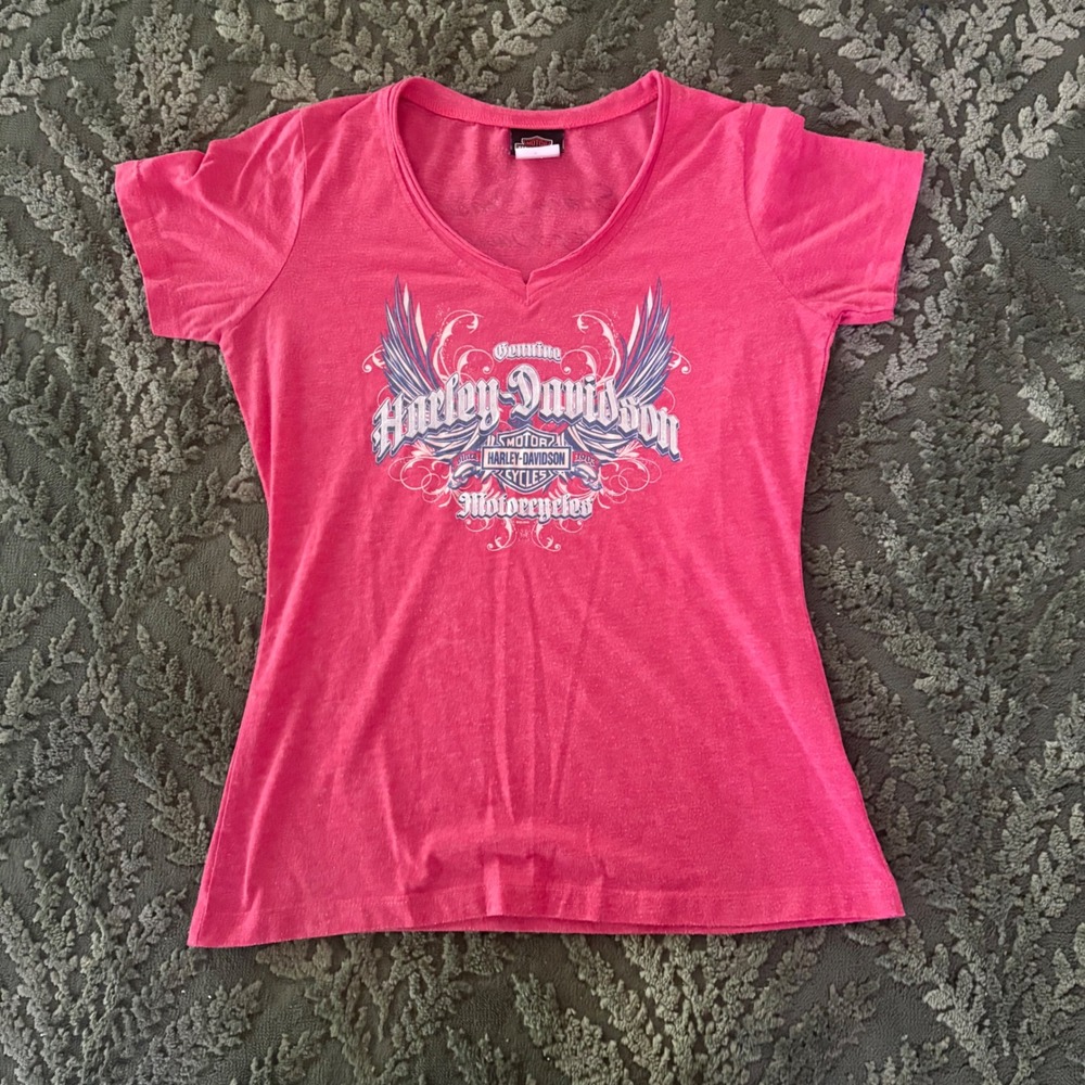 Harley Davidson Pink Graphic Tee Space Coast Florida V-Neck Y2K Shirt Small